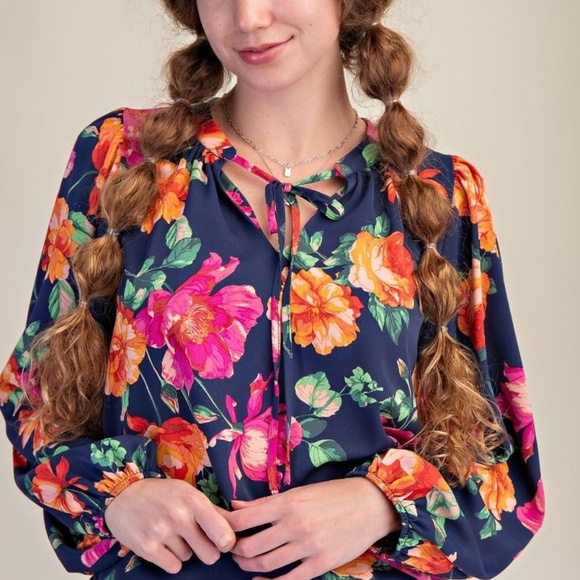 New Easel Women's Floral Tie Neck Blouse Pullover Woven Long Sleeve Small BLUE - Picture 2 of 10